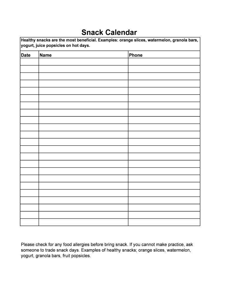 Fillable Online Snack Calendar Fax Email Print pdfFiller