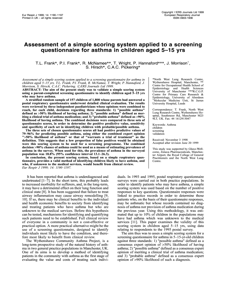 Fillable Online Assessment of a simple scoring system applied to a ...