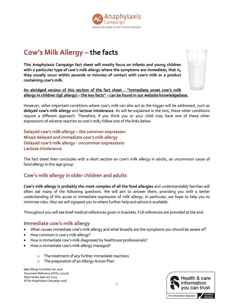 Fillable Online Cows Milk Allergy the facts Fax Email Print pdfFiller