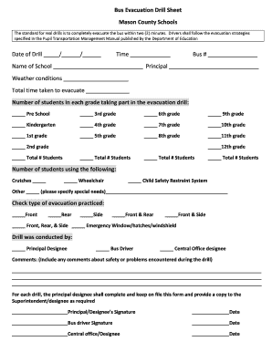 Fillable Online Bus Evacuation Drill Sheet Mason County Schools Date of ...