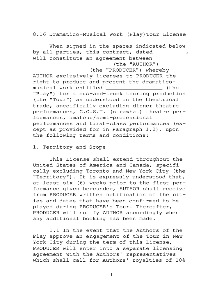 Dramatic or Musical Work or Play Tour License Preview on Page 1