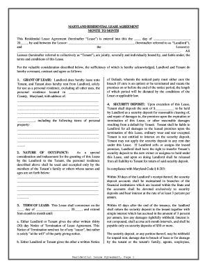 Month to month lease agreement template - Maryland Residential Lease or Rental Agreement for Month to Month