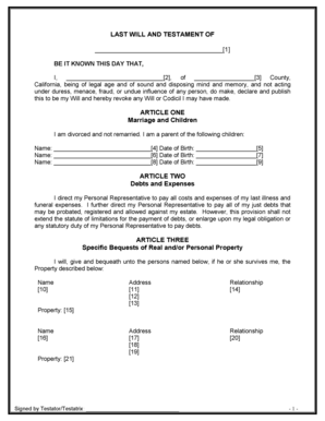 California Legal Last Will and Testament Form for Divorced person not Remarried with Minor Children