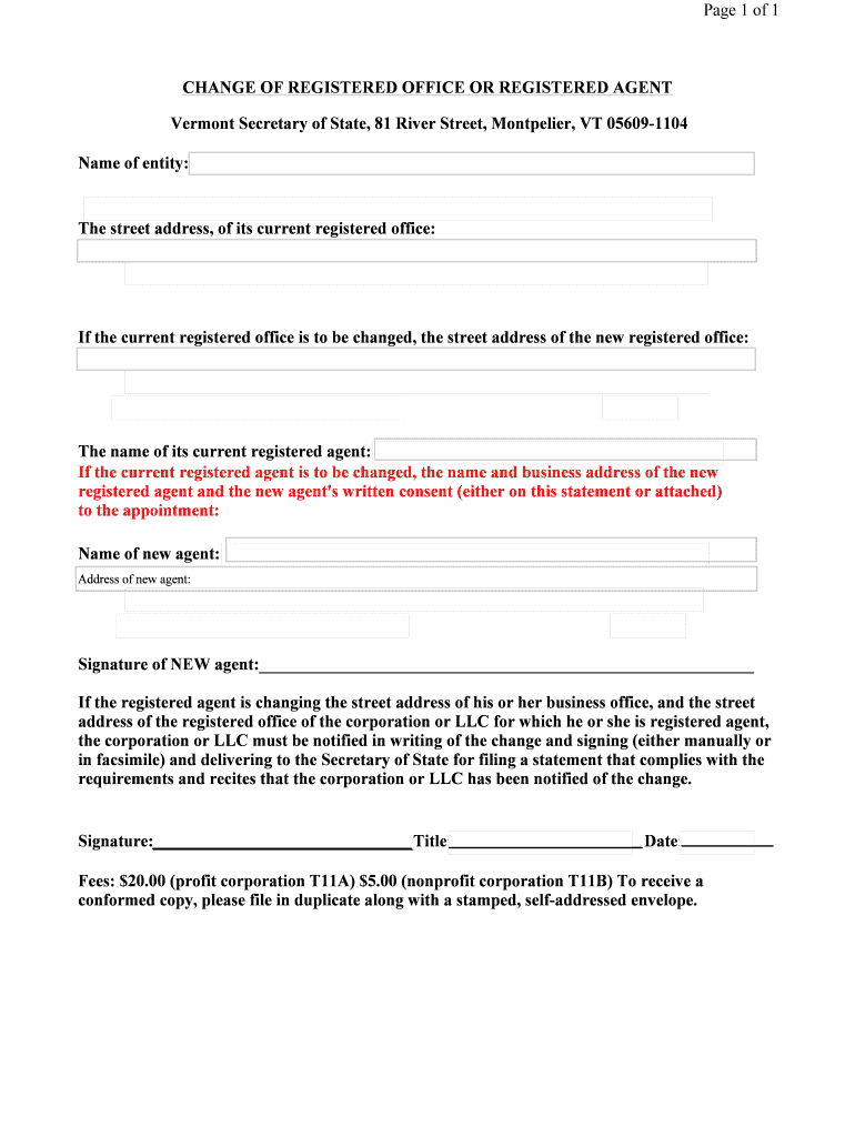 Vermont Registered Office or Agent Change Form - Blank Fillable ...