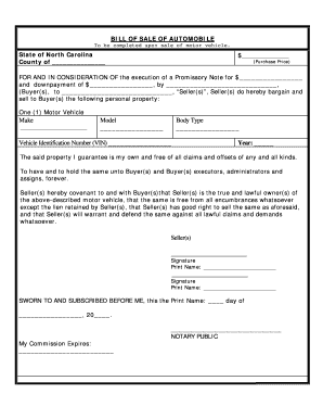 vehicle bill of sale nc