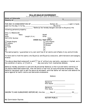 Bill of sale for boat and trailer - Colorado Bill of Sale for WaterCraft or Boat