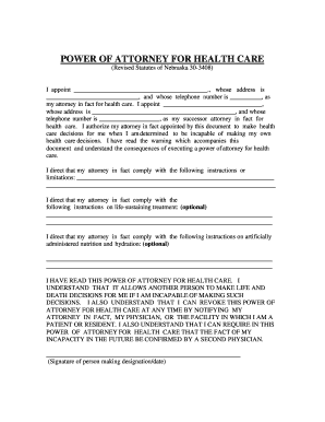 Nebraska Power of Attorney for Health Care - Statutory Form