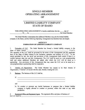 Idaho Single Member Limited Liability Company LLC Operating Agreement