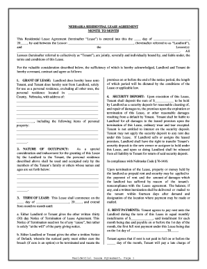 Nebraska Residential Lease or Rental Agreement for Month to Month