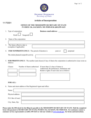 Mississippi Articles of Incorporation
