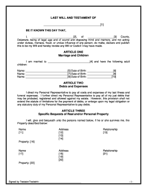 Delaware Legal Last Will and Testament Form for Married person with Adult Children