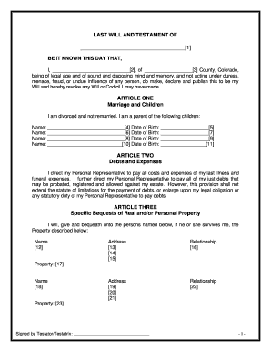 Colorado Legal Last Will and Testament Form for Divorced Person Not Remarried with Adult and Minor Children