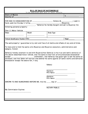 Maine Bill of Sale of Automobile and Odometer Statement