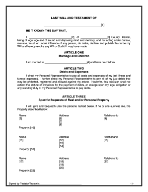 Hawaii Legal Last Will and Testament Form for a Married Person with No Children