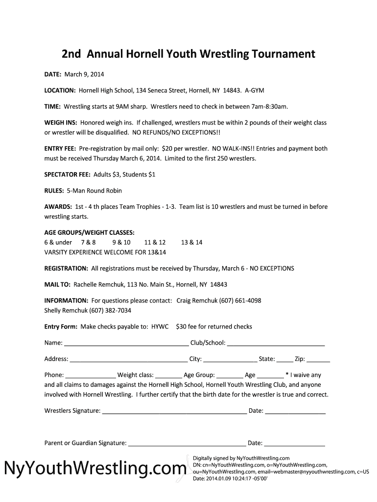 Fillable Online 2nd Annual Hornell Youth Wrestling Tournament - NY ...