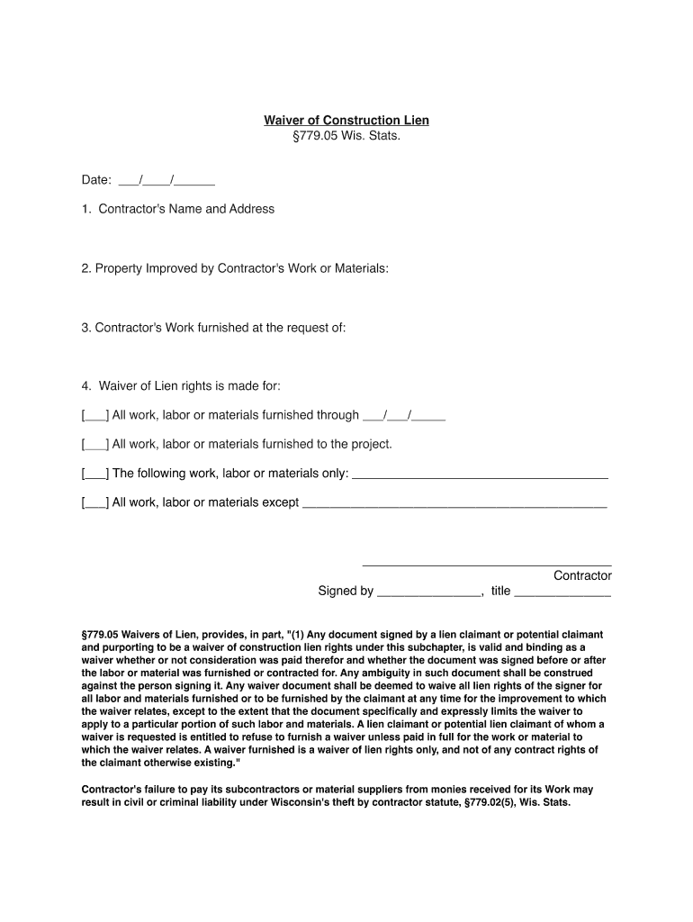 WI Waiver of Construction Lien Fill and Sign Printable Template