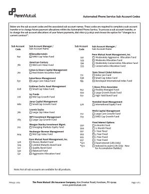 Penn Mutual Automated Phone Service Sub Account Codes