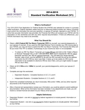 2014-2015 Standard Verification Worksheet