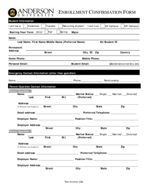 Anderson University Enrollment Confirmation Form