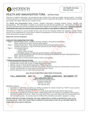 Anderson University Health and Immunization Form