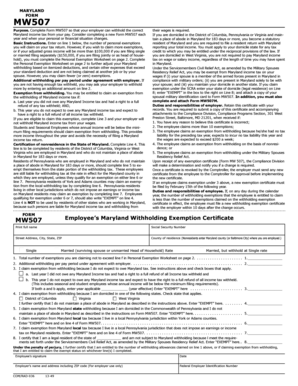 Maryland Form MW507 Employee Withholding Exemption Certificate
