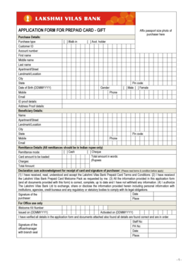 Lakshmi Vilas Bank Prepaid Gift Card Application Form