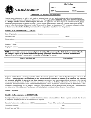 Aurora University Deferred Payment Plan Application