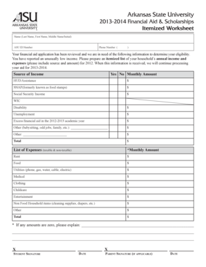 Arkansas State University Financial Aid Worksheet