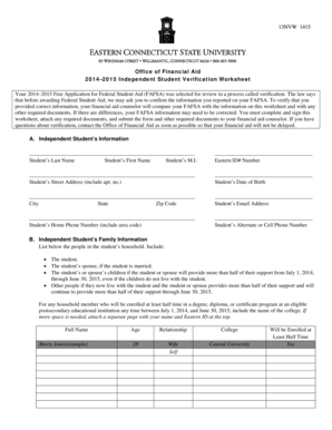 2014–2015 Independent Student Verification Worksheet