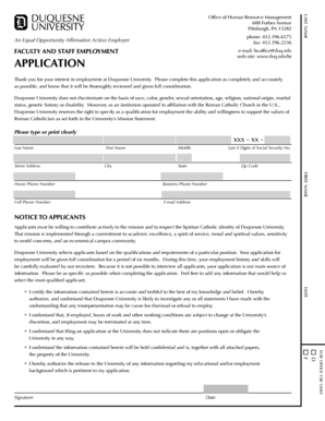 Duquesne University Faculty and Staff Employment Application