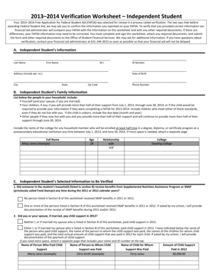 2013–2014 Verification Worksheet – Independent Student