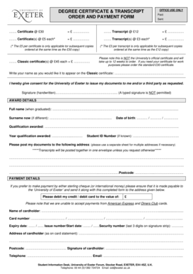University of Exeter Degree Certificate Order Form
