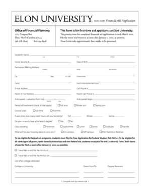 Elon University 2010-2011 Financial Aid Application