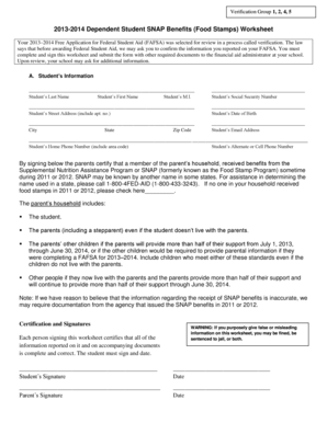 2013-2014 Dependent Student SNAP Benefits Worksheet