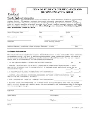 Dean of Students Certification and Recommendation Form