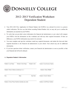 2012–2013 Verification Worksheet for Dependent Student