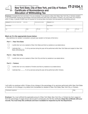 New York State IT-2104.1 Certificate of Nonresidence and Allocation of Withholding Tax
