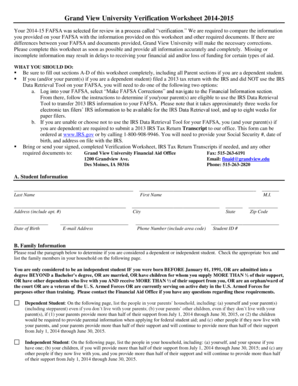 Grand View University Verification Worksheet 2014-2015