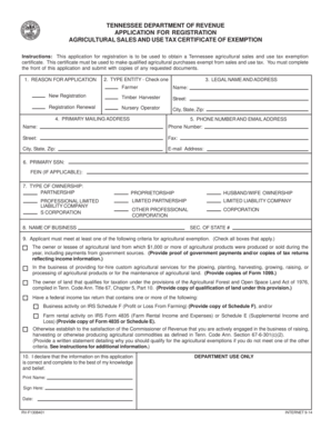 Tennessee Agricultural Sales and Use Tax Exemption Application
