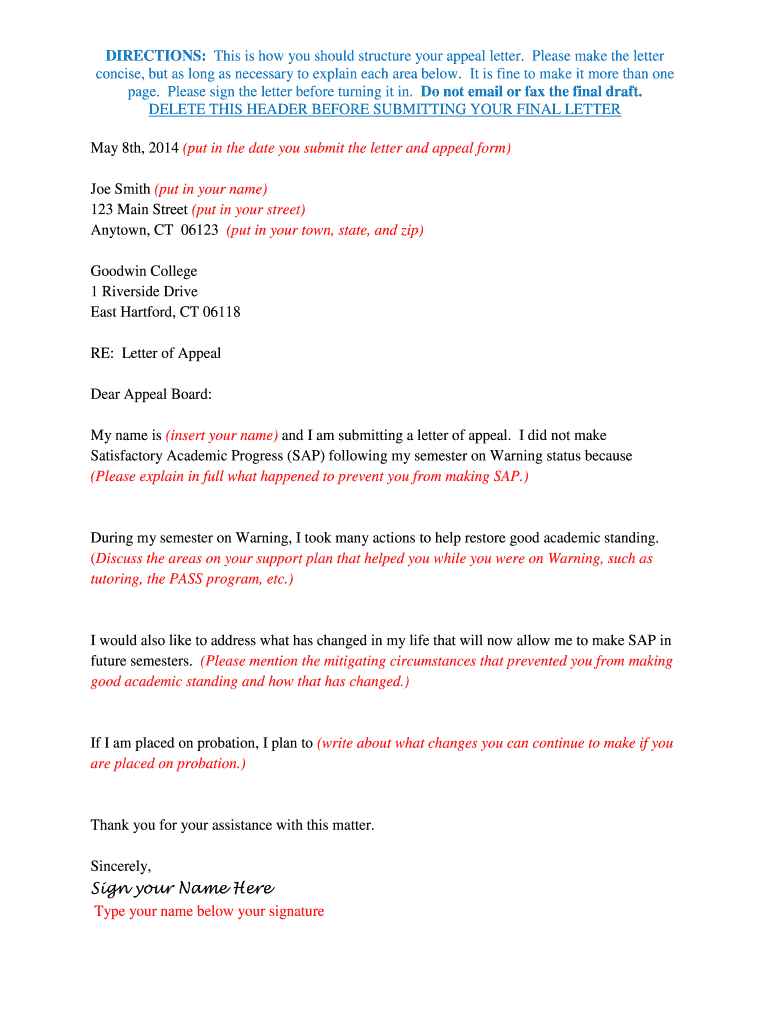 Fillable Online goodwin Sample Appeal Letter Goodwin College