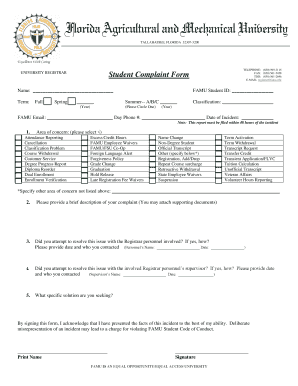 Florida A&M University Student Complaint Form