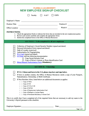 Florida A&M University New Employee Sign-Up Checklist