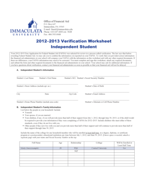 2012–2013 Verification Worksheet for Independent Students