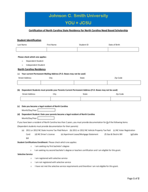 North Carolina Residency Certification for Scholarship