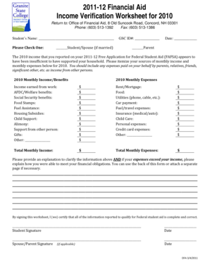 2011-12 Financial Aid Income Verification Worksheet