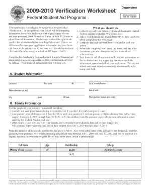 2009-2010 Verification Worksheet Dependent