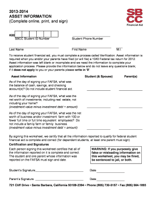 FAFSA Asset Information Verification Form