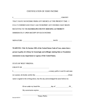 Certification of Zero Income