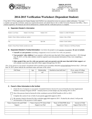 2014-2015 Verification Worksheet (Dependent Student)