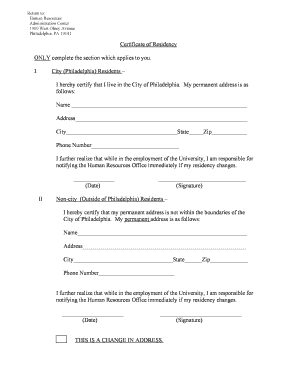 Philadelphia Certificate of Residency